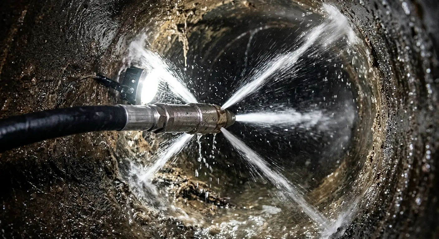High-pressure hydro jetting nozzle cleaning sewer pipe for Sewer Cleanout in Hughson