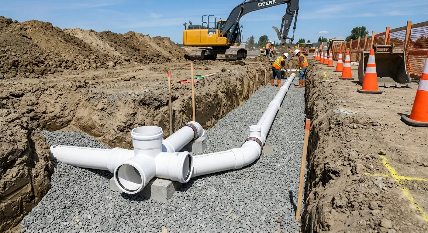 New PVC sewer pipe installation in open trench for Commercial Drain Cleaning in Hughson