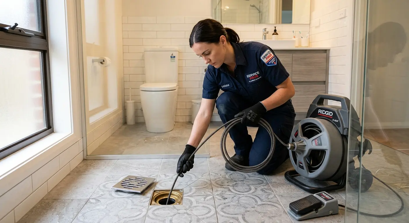 Technician clearing a bathroom floor drain for Drain Cleaning in Hughson